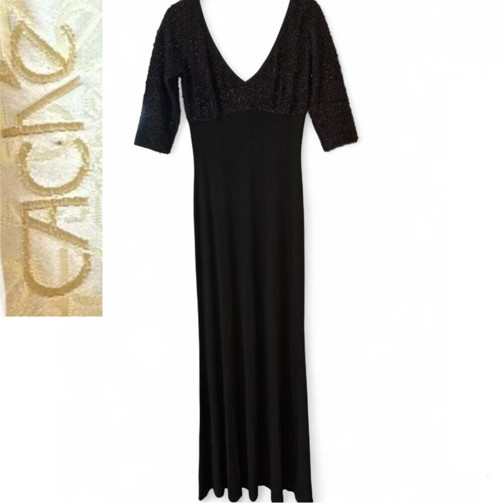 Cache Vintage 1990s Black Maxi Gown | Sparkly V-Neck Wiggle Dress | M